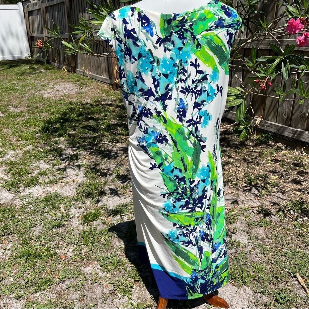 Lauren Ralph Lauren Ladies Pretty Blue Green Floral Ruched Sleeveless Dress 18